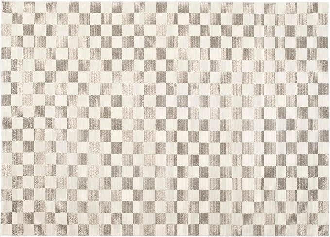 Revival Rugs Gambit 6'7"x9' Checkered Rug Washable Area Rug for Living Room Bedroom - 100% Recycled Oeko-TEX Certified, Medium Pile, Gray, Beige