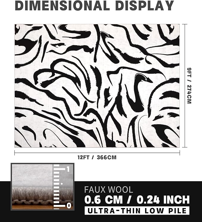 YIHOUSE Modern Area Rugs for Living Room, 9x12 Washable Black and White Rug, Thin Abstract Geometric Striped Rug, Area Rug for Bedroom,Kitchen,Dining Room,Office
