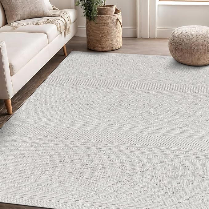 Beverly Rug Micro Loop Area Rug White 5x7 Modern Luxury Soft Boho Geometric Durable Indoor Area Rugs for Living Dining Room Office Stain Resistant Non Shedding Casual Indoor Carpet White 5 x 7