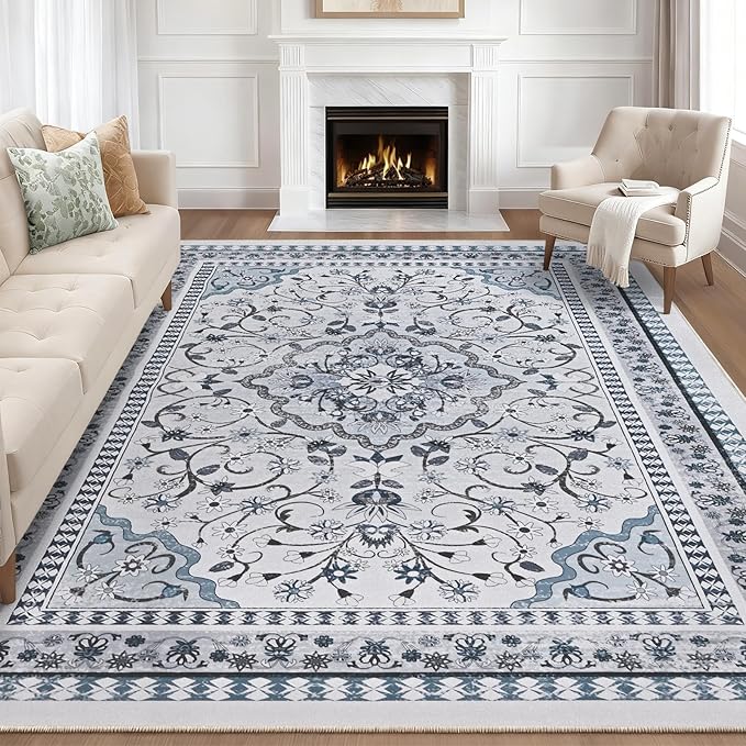 Luxury 8' x 10' Green Washable Area Rugs, Boho Low Pile Easy Clean Non-Slip Rug, Floral Medallion Pattern Vintage Rugs for Living Room, Dinning Room, Office, Bedroom, Bathroom, Laundry Room, Farmhouse