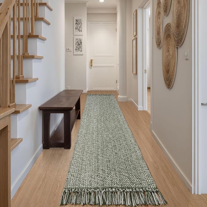 Collive Washable Boho Carpet Runners for Hallway 2.6x12ft, Farmhouse Long Rugs for Kitchen Cotton Hand Woven Bedroom Runner Rug Olive Green/Cream Low Pile Natural Floor Carpet for Indoor Hall Entryway