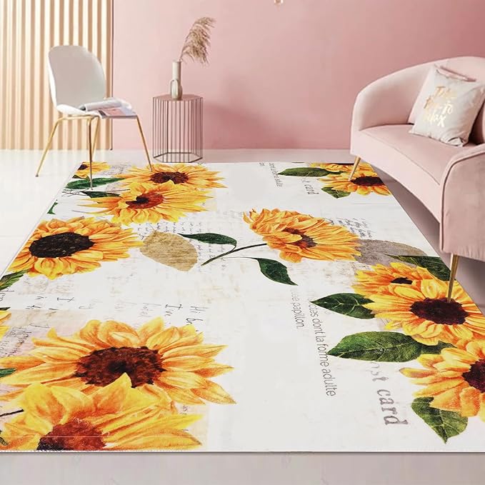 Sunflower Rug 5' x 7' Large Oil Painting Artwork Rugs for Living Room Bedroom, Non Slip Washable Low-Pile Soft Indoor Floor Throw Carpet for Apartment Bathroom Dining Room
