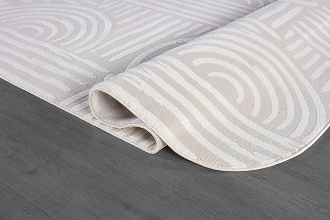 Beverly Rug Modern Geometric Area Rug 6x9 Low-High Pile Durable Soft Abstract Curved Indoor Rugs for Living Dining Room Office Stain Resistant Non Shedding Casual Indoor Carpet Beige White 6 x 9