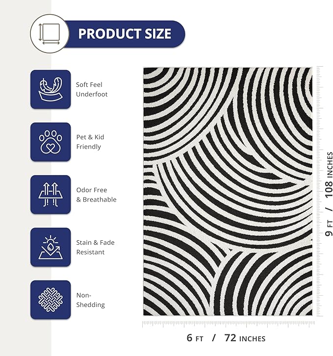 Abani Nomad Cream & Black Area Rug 6' x 9' for Living Room, Bedroom - Black Linear Curves Design - Durable & Easy to Clean