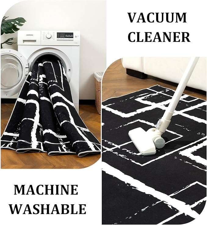 YIHOUSE Black Modern Geometric Area Rug 8x10, Black and White Rug with Abstract Rectangular Patterns,Non-Shedding Washable Rugs for Bedroom, Home Office and Living Room
