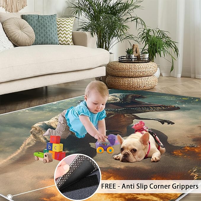 Dinosaurs Rugs for Bedroom - 5x7 Area Rug - Flame Dinosaurs Rugs for Living Room, Forest Landscape Rug, Washable Home Decor Carpet