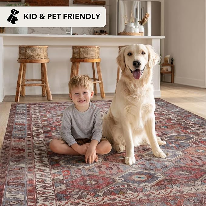 Kuden Area Rug, Machine Washable, Non-Slip Backing, Vintage Style, Soft, Low Pile, Perfect for Living Room, Bedroom, Kitchen, Dining Room - [5x7, Red/Blue/Beige]