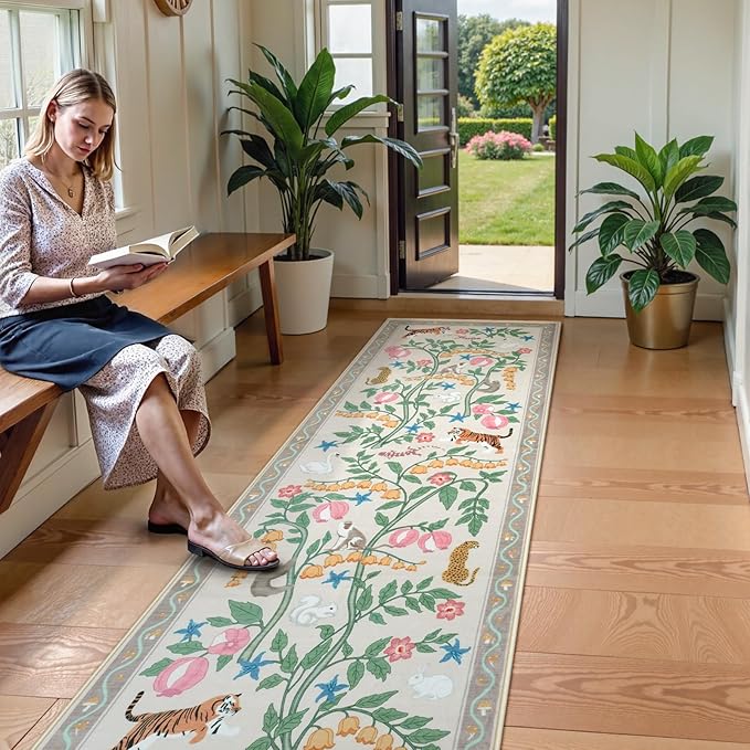 Collive Runners Rug for Hallway 2.6x8, Jungle Animal Washable Kitchen Runner Carpet Non Slip Soft Bathroom Mats, Beige Low Pile Stain Resistant Entryway Rugs for Bedroom, Indoor Decor