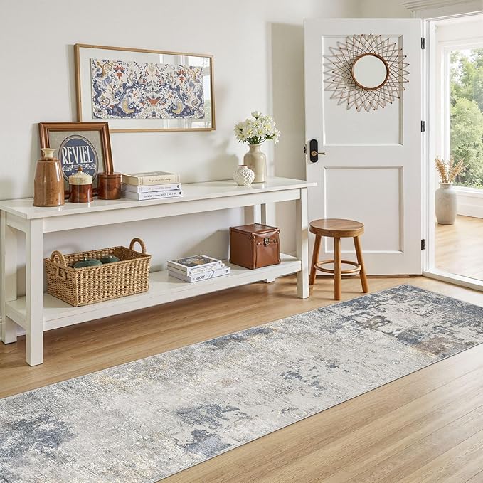 2X10 Washable Runner Rug for Hallway: Soft Neutral Modern Abstract Area Rug - Non-Slip Low Pile Long Throw Indoor Carpet for Kitchen Entryway Kitchen Bedroom Laundry - Blue Grey