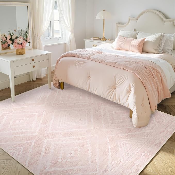 Area Rug 5x7 Rug Machine Washable Non-Slip Low Pile Print Pattern Western Rug for Living Room Bedroom Entryway Tribal Series -Light Pink/Cream