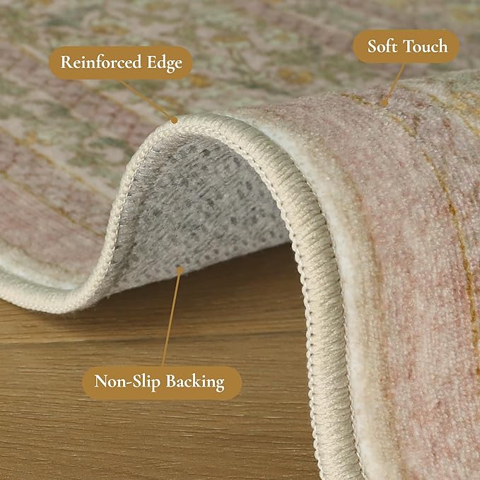 Bavni 4x6 Vintage Floral Rug, Washable Non Slip Area Rug for Entryway, Bedroom, Kitchen or Living Room, Low Pile Carpet, Brown Pink