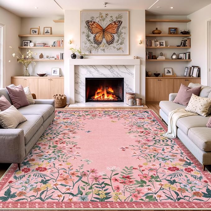 Wonnitar Washable Rug 6x9, Pink Botanical Area Rug for Girls Bedroom, Non-Slip Soft Nursery Kids Room Floral Rug Thin Throw Carpet for Dorm Living Room Decor (Pink,6'x9')