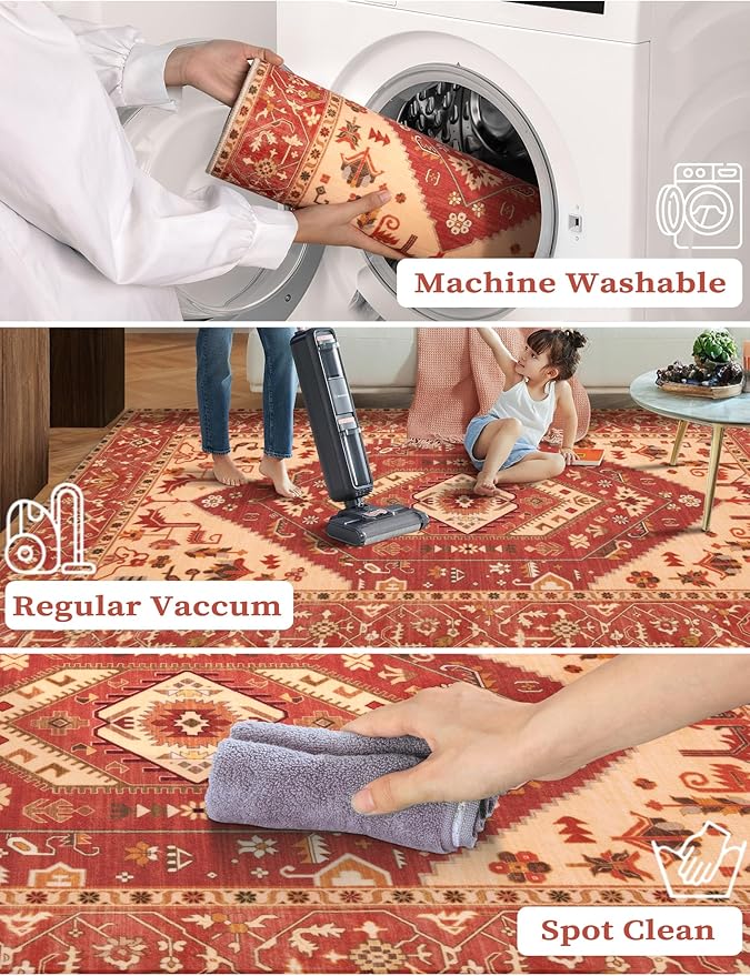 SERISSA Boho Washable Runner Rug, 2x6 Rug Runner Non-Slip Vintage Red Beige Hallway Kitchen Runner Rug Ultra Soft Print Distressed Floor Carpet Runner for Bedroom Bathroom Laundry Living Room
