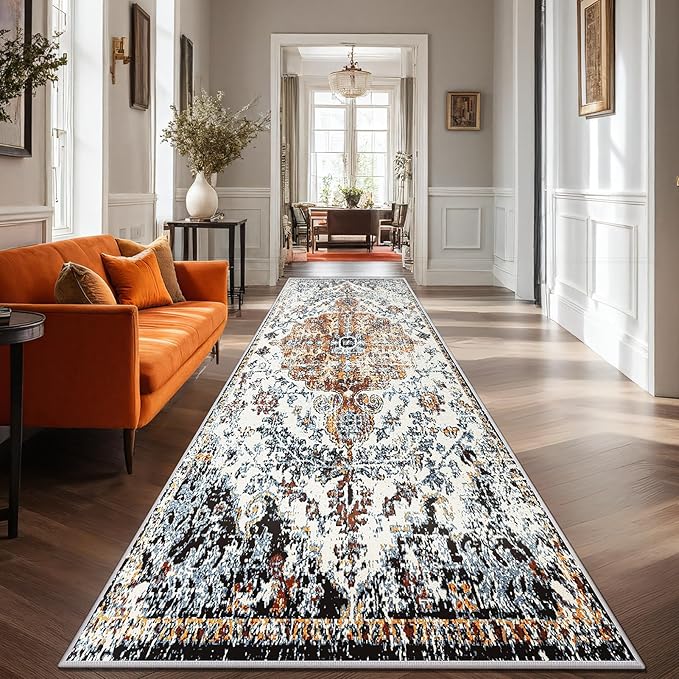 Hallway Washable Runner Rug 2'6x8 - Vintage Kitchen Runner Rugs with Non Slip Backing Stain Resistant Rugs for Living Room Bedroom Floor Distressed Carpet Runners for Farmhouse, Laundry