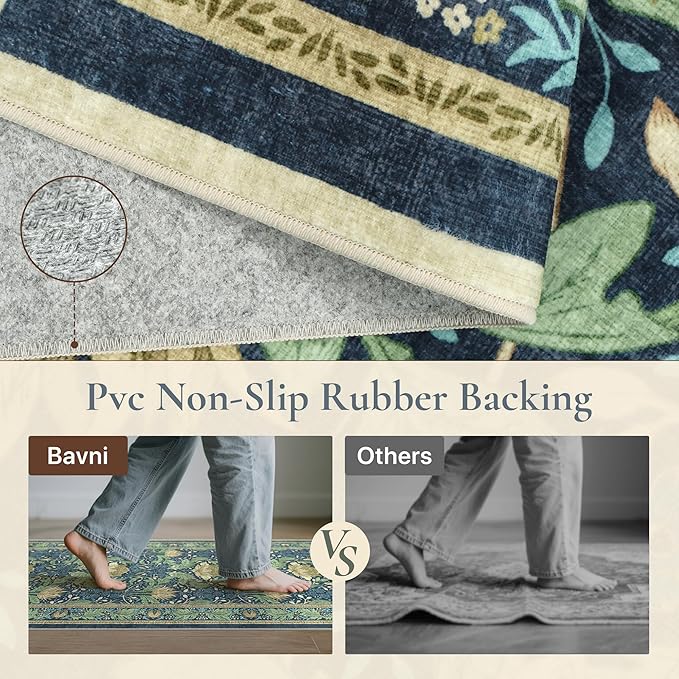 Bavni 8x10 Area Rugs, Floral Machine Washable Rugs for Living Room, Dinning Room, Bedroom, Non Slip Aesthetic Vintage Low Pile Durable Lightweight Farmhouse Rug, Tea Green/Blue