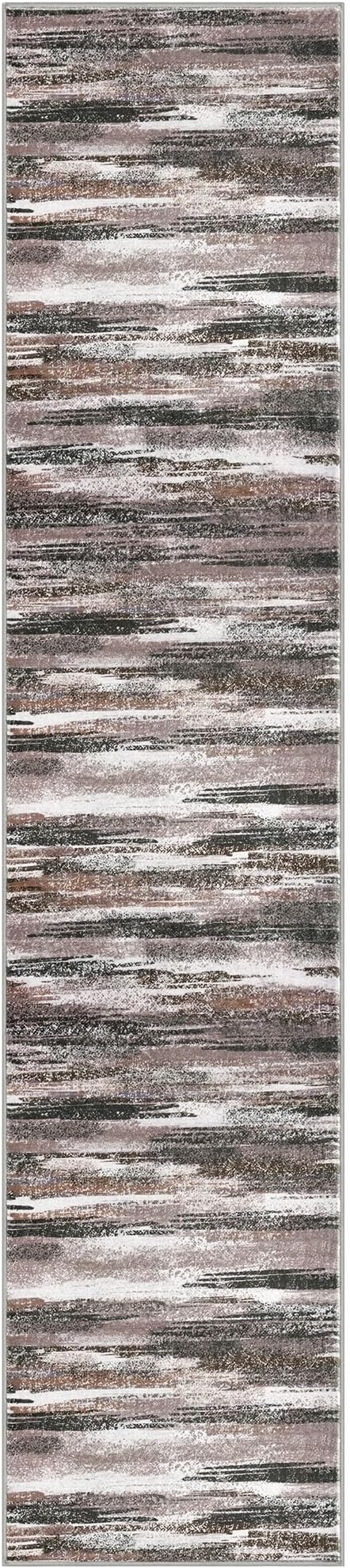 Modern Abstract Runner Rug 2.6x12, Dark Light Brown White Washable Long Kitchen Runner Non-Slip Soft Hallway Rug Runner Thin Print Faux Wool Carpet for Entryway Bedroom Laundry Room Indoor