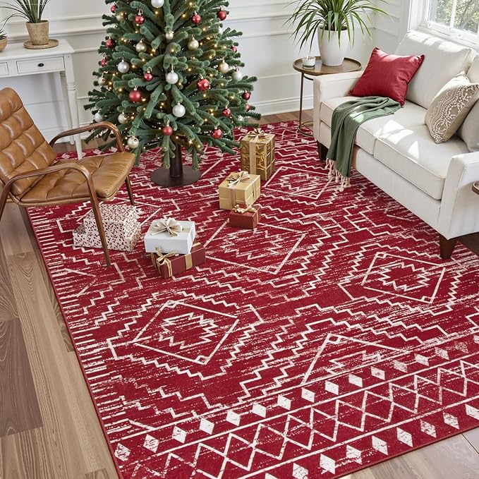 Wonnitar Moroccan Washable 5x7 Rug for Living Room, Soft Chrisrmas Rug for Bedroom, Non-Slip Stain Resistant Geometric Floor Carpet for Dining Table Kitchen Dorm (Red,5'x7')