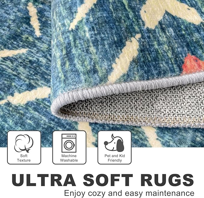 KILOCOCO Area Rug 3'x5' Rug for Entryway Washable Printed Bedroom Rugs Non Slip Boho Low-Pile Soft Rugs for Kitchen Dining Geometric Moroccan Carpet, Teal/Blue