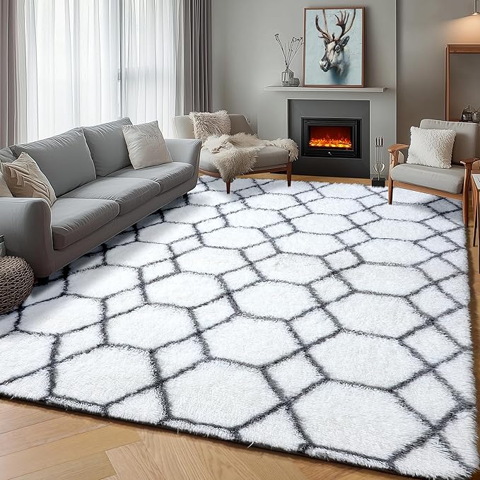 ONASAR Area Rugs for Living Room, Washable 5x8 Fluffy White and Grey Rug for Bedroom, Geometric Moroccan Indoor Shaggy Boho Soft Plush Floor Carpet for Kids Teen Nursery Dorm Home Decor Aesthetic