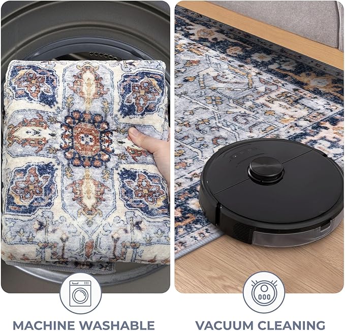 KOZYFLY Runners for Hallways 2x6 Ft Washable Kitchen Runner Rug Boho Runner Rug for Entryway Indoor Printed Oriental Faux Wool Floor Carpet Runner for Bedroom Kitchen Hall, Blue Gray/Cream