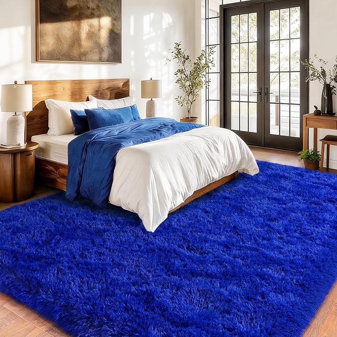 Blue Fluffy Area Rugs for Bedroom, Soft Shaggy Carpets for Living Room, Upgrade Anti-Skid Fuzzy Rugs for Kids' Room, Perfect Decor for Modern Home 4x6 Feet