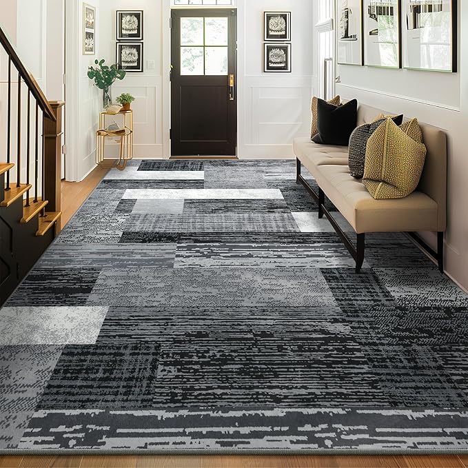 Large Area Rugs,Modern Geometric Patchwork Floor Decor for Bedroom Aesthetic Carpet, Rockwood Collection, Indoor Rugs for Living Room, Dining Room, Nursery, Office, Machine Washable Rug,6x9 Ft Grey