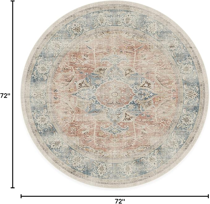RUGGABLE Washable Vintage Area Rug – Sarrah Coral 6 ft Round, Stain-Resistant, Non-Slip – Medium Machine Washable Rugs for Living Room, Bedroom, Hallway, Entryway & Office–with Cushioned Pad