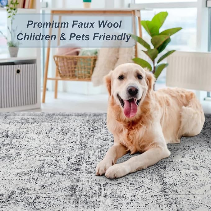 Area Rug 9×12, Large Vintage Boho Rug,Ultra-Soft Low Pile, Washable, Non Slip,Stain Resistant, Printed Carpet for Living Room Bedrooms Playroom Office Kitchen, Classic-Grey