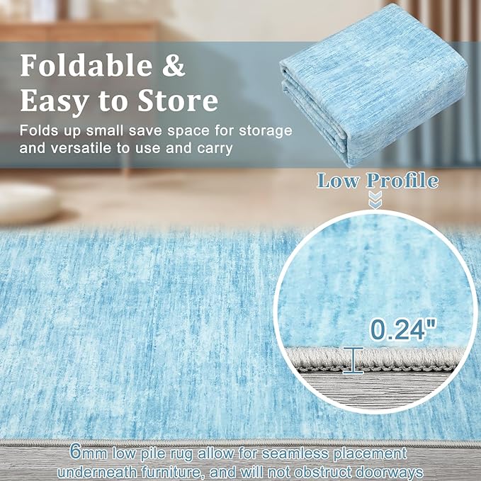 Area Rug 5x7 Machine Washable Area Rug for Living Room Non-Slip Stain Resistant Modern Abstract Bedroom Rug Contemporary Solid Throw Rug Foldable Accent Floor Carpet for Dining Room, Blue