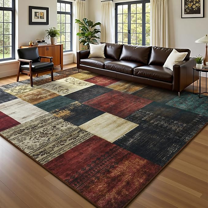 DweIke Washable Area Rugs for Living Room, 6x9 Large Bedroom Rugs, Geometric Print Non Slip Low Pile Indoor Throw Carpets for Bedroom Apartment Dining Room Home Office Hardwood Floor, Colorful