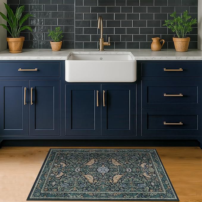Washable Floral Small 2x3 Dark Blue Entryway Rugs Indoor, Botanical Bird Kitchen Floor Mats, Non-Slip & Soft Boho Carpet for Bathroom, Low Pile Stain Resistant Throw Rugs Bedroom