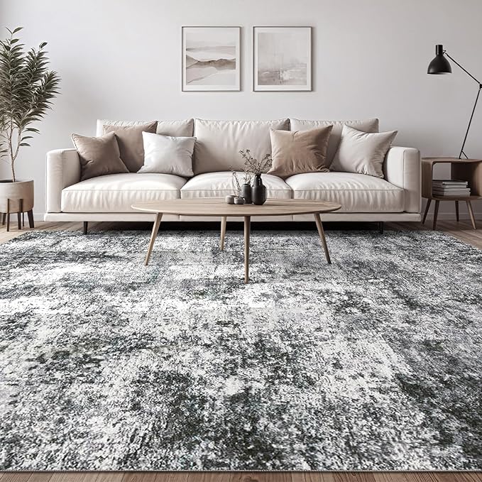 Area Rug Living Room Rugs - 10x14 Abstract Large Soft Indoor Washable Rug Neutral Modern Low Pile Carpet for Bedroom Dining Room Farmhouse Home Office - Grey