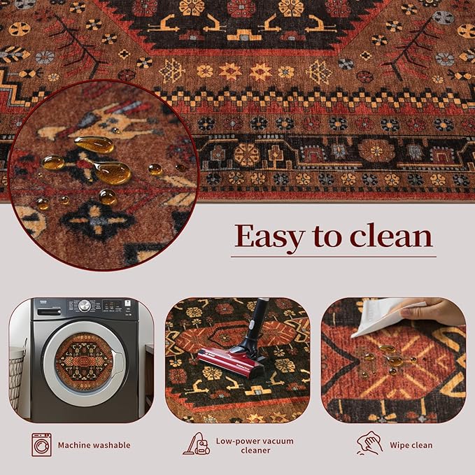 Ciicool 3x5 Area Rug, Washable Red Boho Rugs for Bedroom Non-Slip Indoor Rugs Large Low-Pile Mat Floor Carpet Vintage Rug for Kitchen Living Room Office Dinning Foyer Decor
