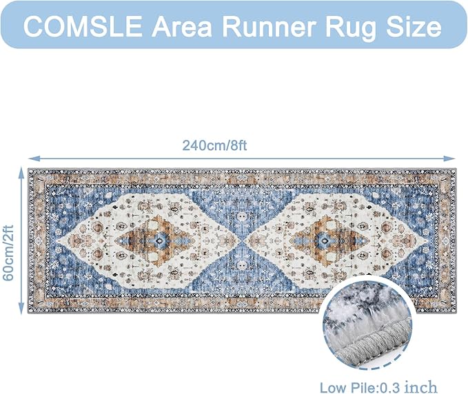 COMSLE Boho Runner Rug, 2' x 8' Washable Area Rugs for Hallway Faux Wool Small Kitchen Distressed Throw Rug Non-Slip Laundry Room Carpet Runner for Entryway Indoor Door Mat Bedroom