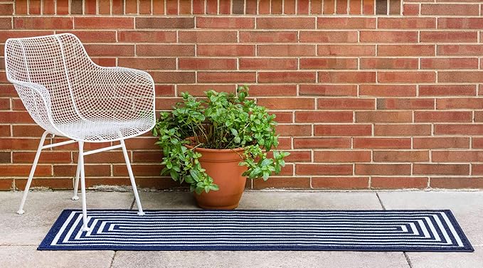 Unique Loom Sabrina Soto Outdoor Collection Geometric, Modern, Vibrant, Carved Area Rug (2' 0 x 8' 0 Runner, Navy Blue/ Ivory)