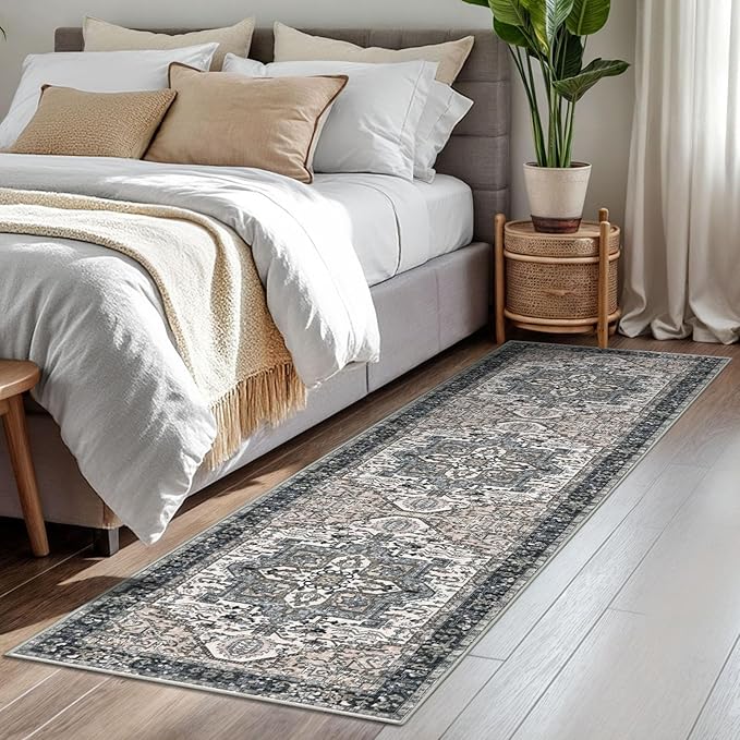 KOZYFLY Runners for Hallways 2x7 Ft Washable Kitchen Runner Rug Boho Runner Rug for Entryway Indoor Printed Faux Wool Long Floor Carpet Runner for Bedroom Laundry Kitchen Hallway, Black/Taupe/Beige