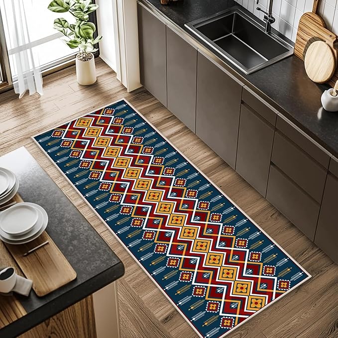 Dark Blue Runner Rug, 2x8ft Red Yello Diamond Hallway Decor Carpet, Corridor & Foyer Long Accent Rug, Entrance Non-Slip Mat Washable Rugs, Southwestern Stylish Home Decor Runner