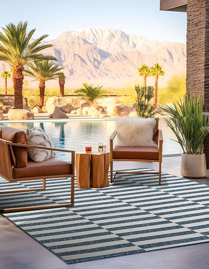 Unique Loom Outdoor Striped Collection Area Rug - Striped (5' 3" Square Blue/Ivory)