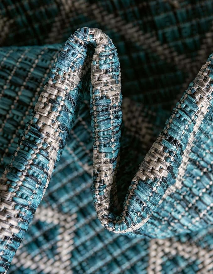 Unique Loom Outdoor Trellis Collection Area Rug - Tribal Trellis (7' 10" x 10' Oval, Teal/ Ivory)