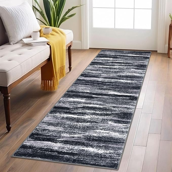 Modern Abstract Runner Rug 2x6, Black Grey Washable Entryway Runner Non-Slip Soft Hallway Rug Runner Thin Print Faux Wool Carpet for Kitchen Bedroom Laundry Room Indoor