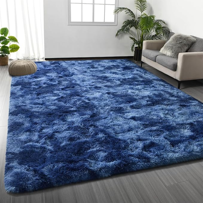 Large Shag Area Rugs 8 x 10, Plush Fuzzy Rugs for Living Room, Ultra Soft Fluffy Furry Rug for Bedroom, Indoor Carpet Nursery Rugs for Kids Room Home Decor, Tie-Dyed Navy Blue