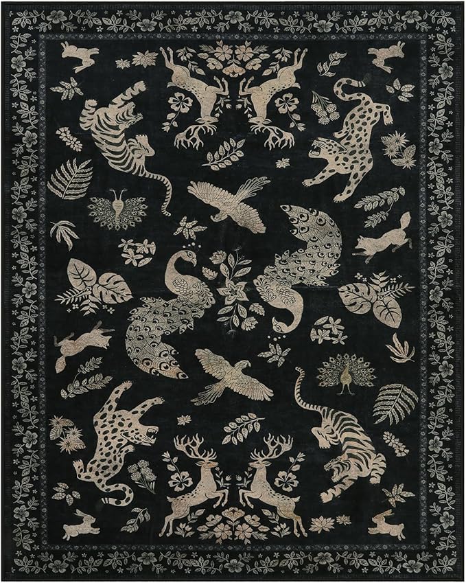 Moynesa Vintage Animal Washable Area Rugs 8x10, Retro Black Gold Area Rug for Living Room Bedroom Dining Room Office Study, Low Pile Soft Non Slip Stain-Resistant Carpets for Home Decor
