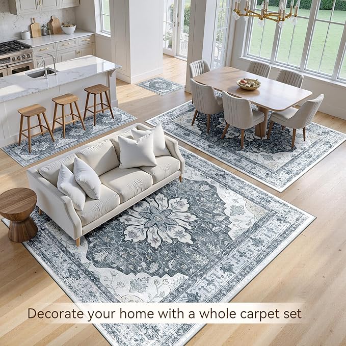 Area Rugs 2'x6' Washable Non-Slip, Floral Vintage Distress Print Pattern Medallion Carpet for Living Room Bedroom Dining Room, Light Gray Grey White