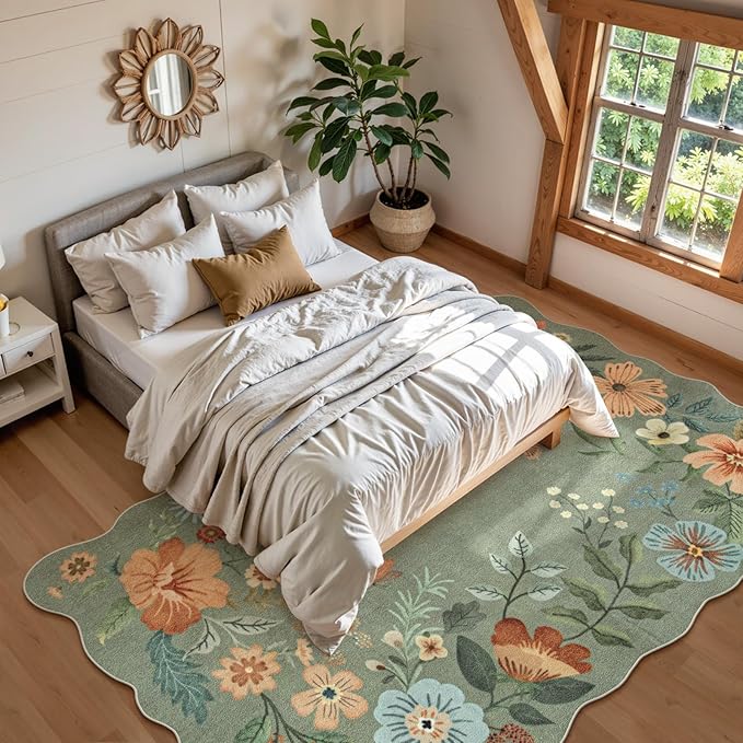 Lahome Floral 9x12 Area Rugs for Living Room Bedroom, Soft Washable Rugs 9x12 Stain Resistant, Ultra-Thin Non-Slip Boho Dining Room Rug Non-Shedding Accent Carpet for Office(9x12ft,Green)