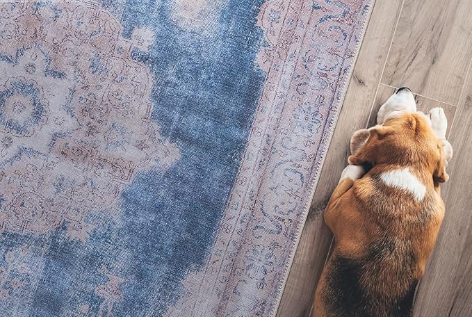 GLN Rugs Traditional Collection - Machine Washable Area Rug, Traditional Washable, Non Slip, Low Pile Chenille Rug, Living Room, Bedroom, Kitchen Rug (6' x 9' Cream/Navy)