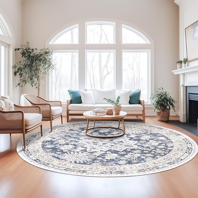zesthome Washable Round Area Rugs - Non-Slip 6ft Round Rugs, Ultra-Thin Large Circle Rugs for Living Room, Soft Low Pile Rug for Bedroom, Kitchen, Nursery - Vintage Stain Resistant Round Rug