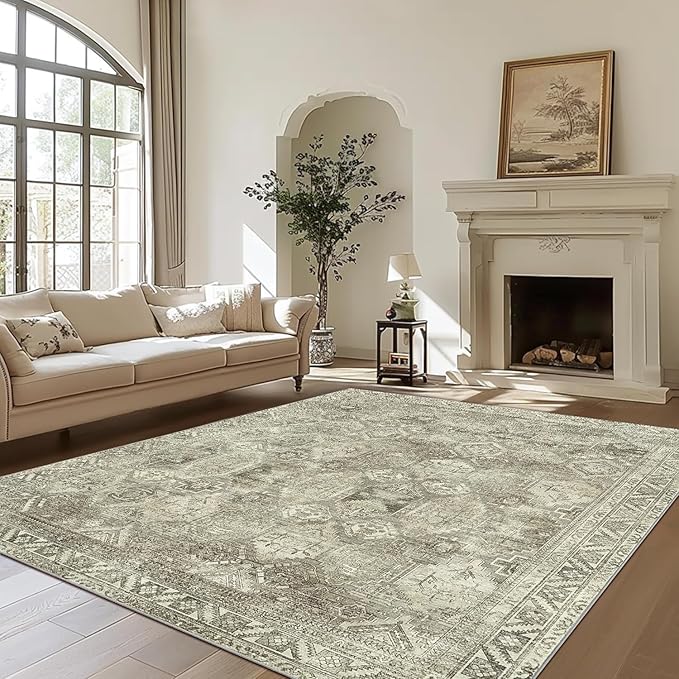 Bavni Runner Rug 2x5, Low Pile Machine Washable Rugs for Hallways, Kitchen, Bedroom, Non Slip Aesthetic Vintage Distressed Print Lightweight Durable Chenille 2x5 Mat, Forgotten Sandstone