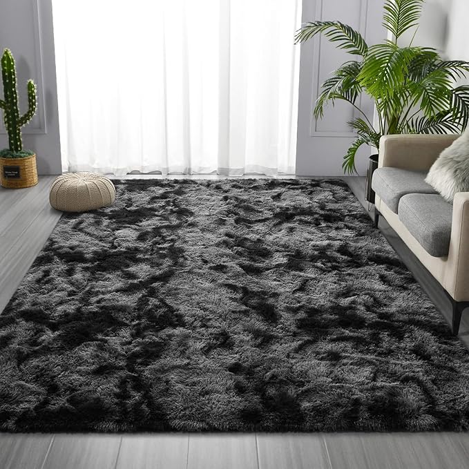 Large Shag Area Rugs 5 x 8, Tie-Dyed Plush Fuzzy Rugs for Living Room, Ultra Soft Fluffy Furry Rug for Bedroom, Indoor Carpet Nursery Rugs for Kids Room Home Decor, Dark Grey