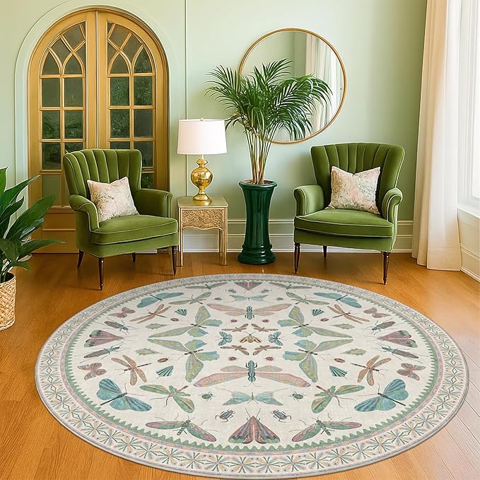 Green and Blue Insect 6ft Round Soft Rugs for Nursery, Bedroom Beside Bed - Non Skid Rug Low Pile Washable Living Room Rugs, Forest Butterfly Design Stain Resistant Home Décor