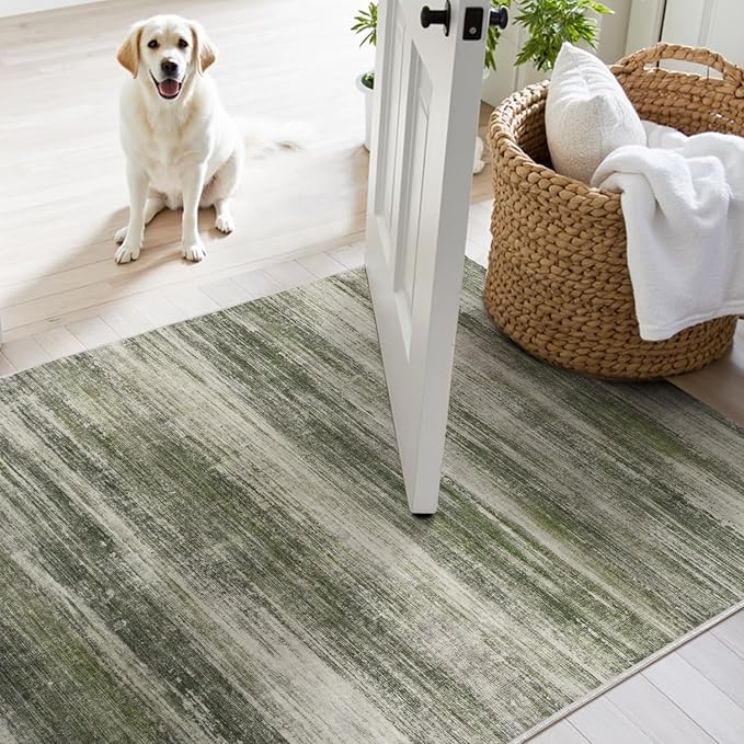 PADOOR Modern Abstract Runner Rug - 2x6 Washable Hallway Rugs, Ultra Soft Non-Slip Low Pile Floor Rugs for Hallway Entryway Kitchen Bedroom Bedside Laundry Room Green